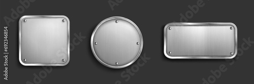 Set of blank metal tags isolated on black background. Vector realistic illustration of steel, silver, iron plates of round, square, rectangular shapes, shiny button frame, brushed texture nameplate