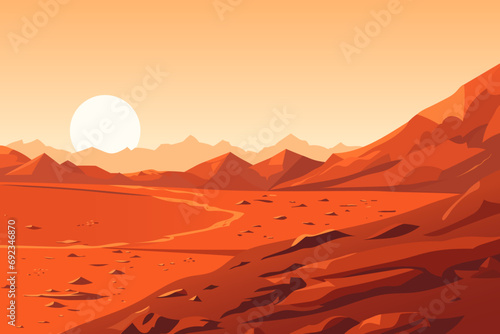  Mars. Beautiful Martian landscape with mountains. Amazing view of the crater against the backdrop of red mountains and rocks. Vector illustration for design. photo