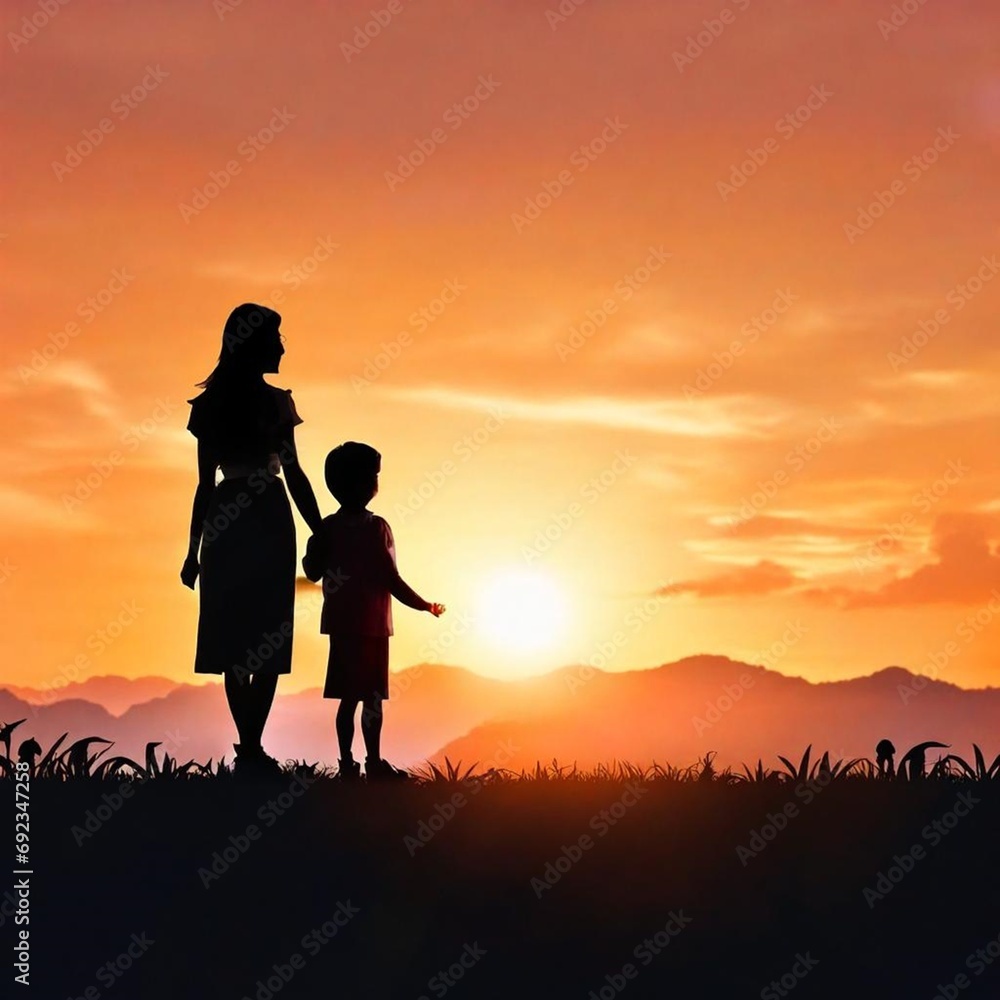 silhouette of a mother with children, mother day concept