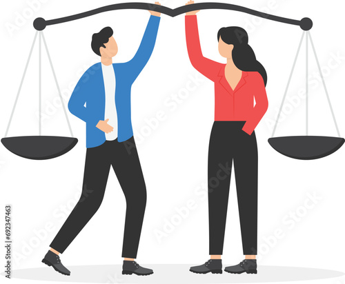 Social responsibility or integrity to earn trust, balance and justice for leadership concept, confident businessman and woman leader lift balance ethical scale. Principles and business ethics to do th