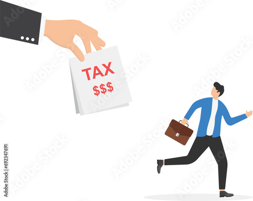 Entrepreneurs run away with full of money banknotes from tax bills. Tax evasion, illegally hiding revenue and avoiding paying government tax, fraud and money laundering or financial crime.

