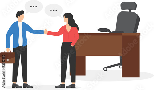 Greetings to hired employees and duties explanation for better staff integration. Employee onboarding process and welcoming to new job people. Flat vector illustration

