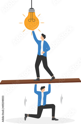 Partnership to success together, teamwork helps to solve problem, support for togetherness, collaboration and cooperation concept, businessmen help support coworkers to turn on lightbulb.

