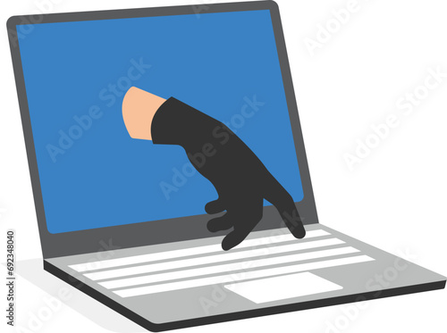 Password breach concept, data stealing. A hand in a black glove typing on a keyboard.

