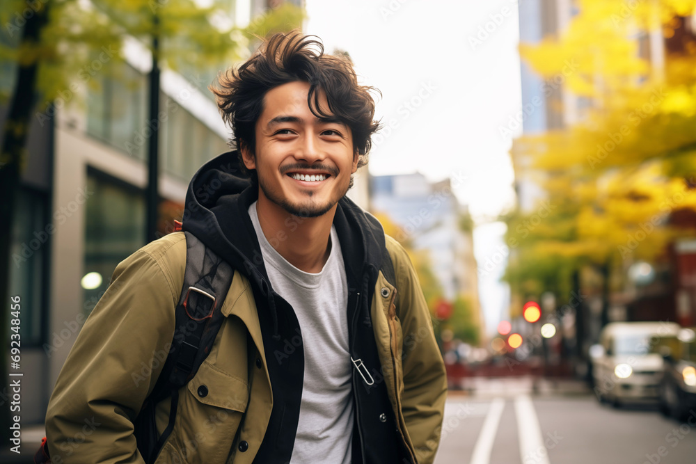 Joyful Japanese Man in Urban Setting Joyful Japanese Man in Urban Setting