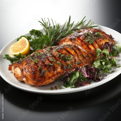 Grilled Chicken Fillet Herbs, White Background, For Design And Printing