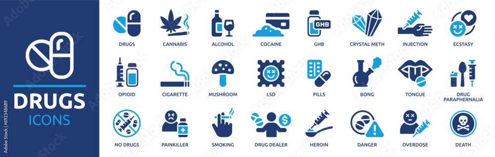 Drugs icon set. Containing pills, alcohol, cannabis, cocaine, GHB, drug dealer, LSD, ecstasy and more. Vector solid icons collection. - obrazy, fototapety, plakaty 