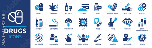 Drugs icon set. Containing pills, alcohol, cannabis, cocaine, GHB, drug dealer, LSD, ecstasy and more. Vector solid icons collection.