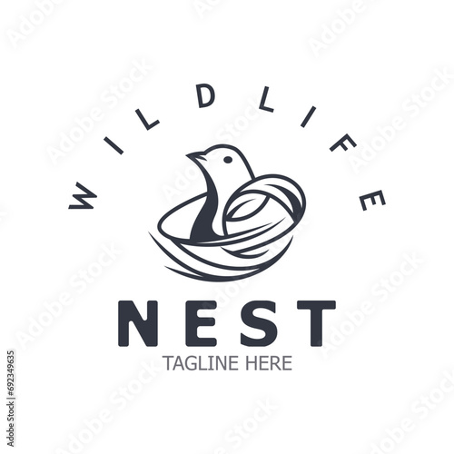 Bird nest logo natural root and leaf habitat bird house isolated template vector