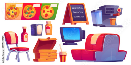 Pizza restaurant design elements set isolated on white background. Vector cartoon illustration of pizzeria furniture, menu board, coffee machine, ketchup and mustard bottle, cash register screen, sofa
