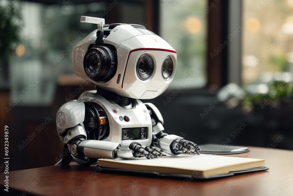Fototapeta premium Small AI Robot Embarks on a Laptop Learning Journey