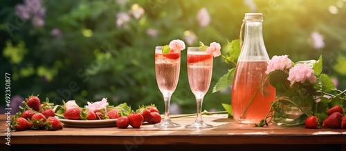 Rustic garden table with strawberry champagne cocktails.