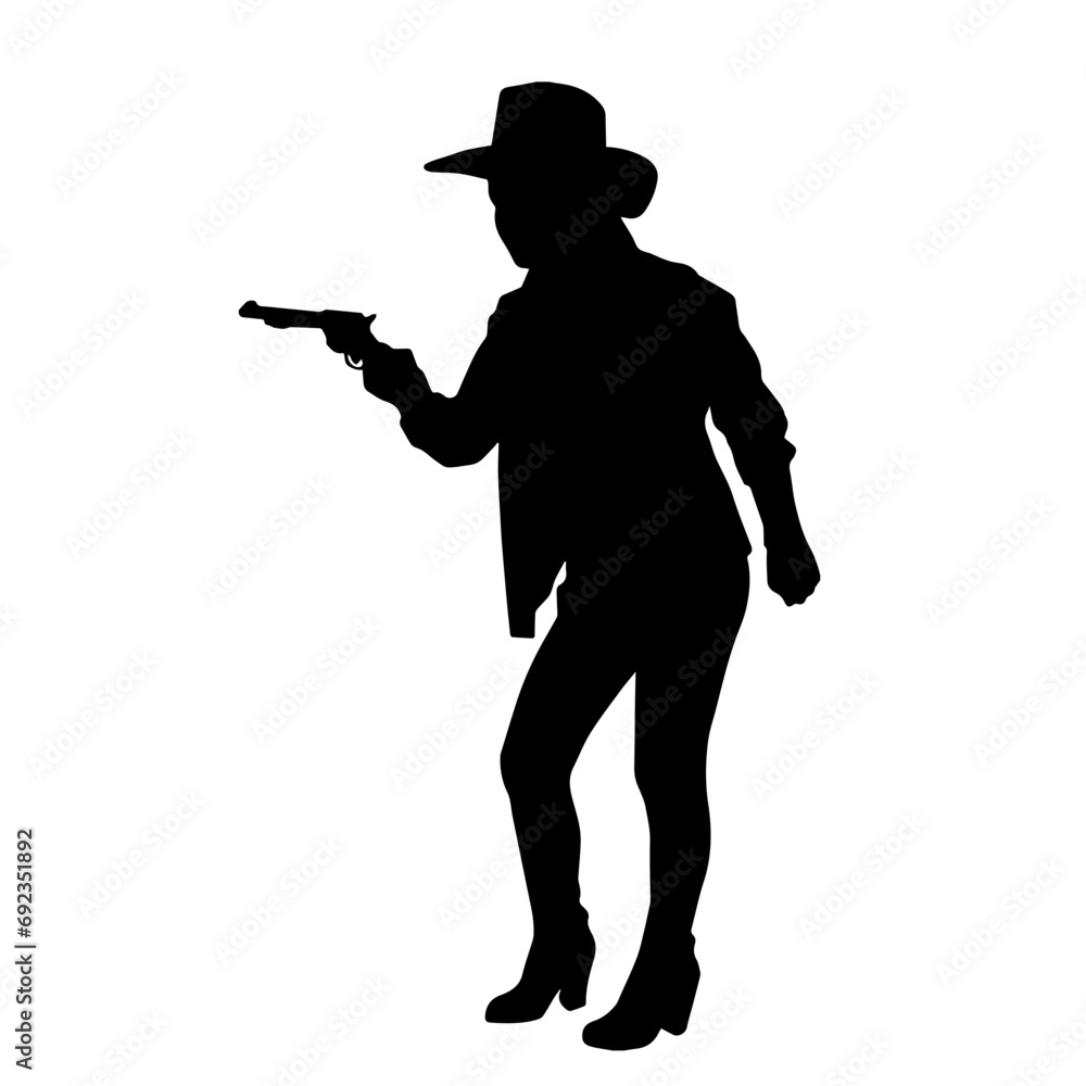 Silhouette of a female in cow girl costume holding a pistol gun. Silhouette of a female in cow girl costume holding a pistol gun.
