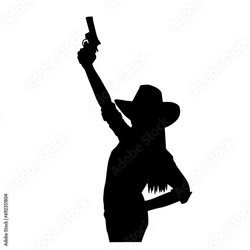 Silhouette of a female in cow girl costume holding a pistol gun.