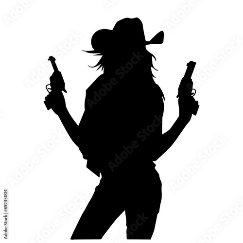 Silhouette of a female in cow girl costume holding a pistol gun.