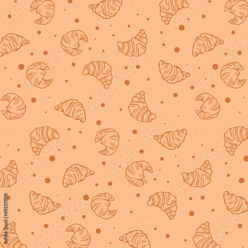 Hand drawn sketch croissant illustration seamless pattern in doodle style