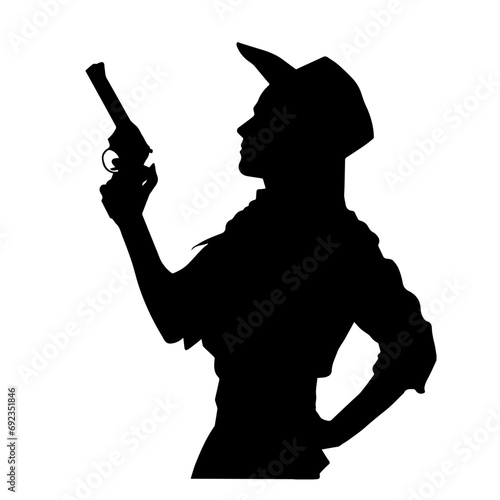 Silhouette of a female in cow girl costume holding a pistol gun.