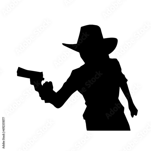 Silhouette of a female in cow girl costume holding a pistol gun.