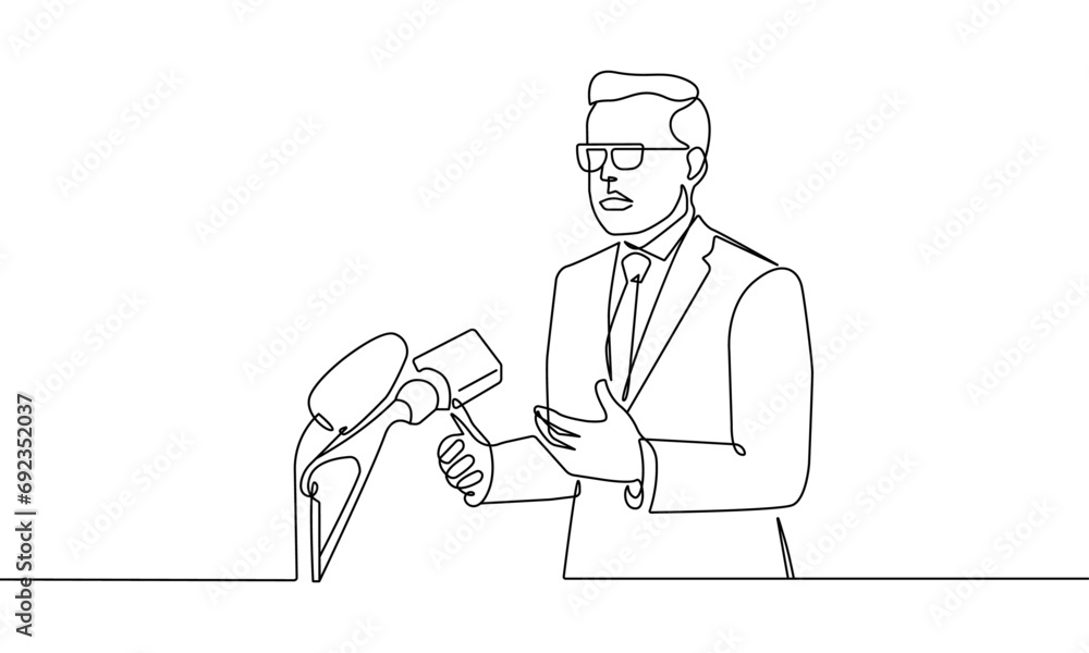 Businessman Speaker Continuous One Line Drawing. Man Professional Speaking One Line Illustration. Business Line Abstract Minimalist Contour Drawing. Vector EPS 10