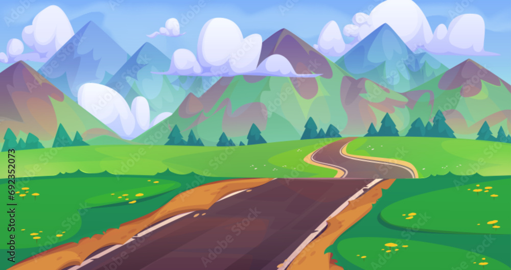Empty curve asphalt road among green trees and grass, mountains and blue sky with clouds. Cartoon summer vector landscape of highway in forest lead to rocky hills. Countryside scenery with path. Empty curve asphalt road among green trees and grass, mountains and blue sky with clouds. Cartoon summer vector landscape of highway in forest lead to rocky hills. Countryside scenery with path.