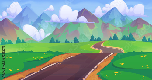 Empty curve asphalt road among green trees and grass, mountains and blue sky with clouds. Cartoon summer vector landscape of highway in forest lead to rocky hills. Countryside scenery with path.