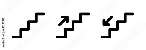 Stairs up and down icon with arrow. Stairway direction sign. Up and down stair symbol. Escalator black pictogram. Vector illustration isolated on white background. Editable stroke.