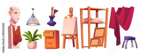 Artist or sculptor workshop design elements set isolated on white background. Vector cartoon illustration of art studio equipment, framed canvas on easel, head sculpture, paper on shelf, red curtain