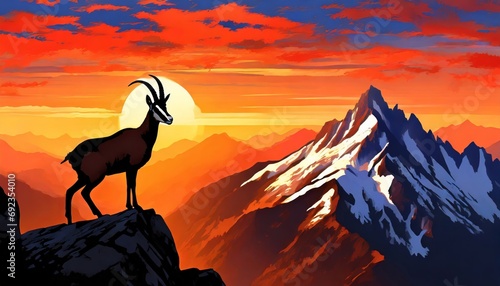 Chamois standing on rock at sunset. One Rupicapra rupicapra on mountain. photo