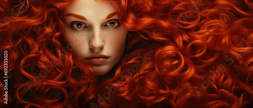Sensual sexy beauty portrait of a red haired young woman with a healthy shiny long hair in a perfect red hair color. Closeup portrait banner photo