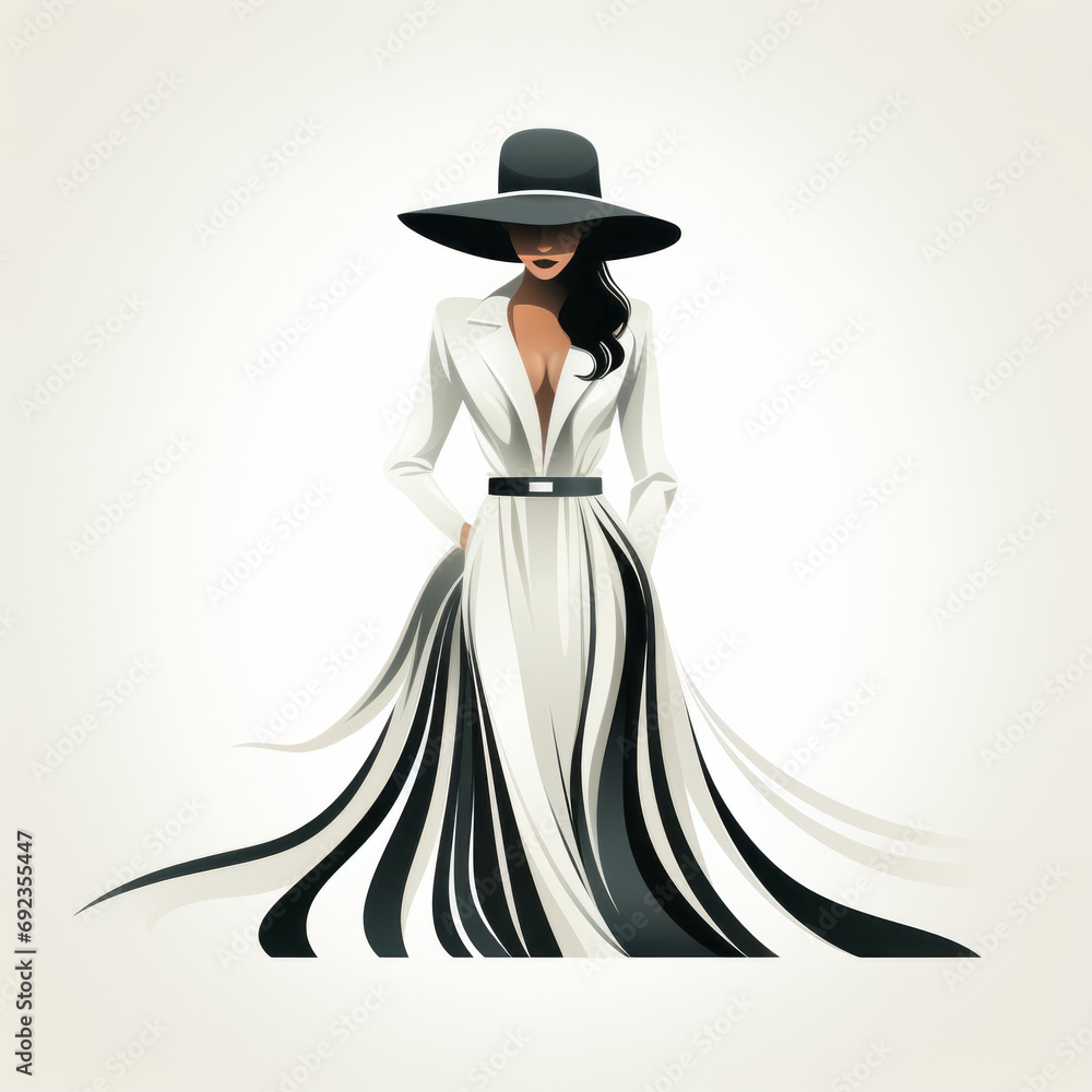 Primitivist woman in flowing dress and hat depicted in negative space logo on white background.generative ai Primitivist woman in flowing dress and hat depicted in negative space logo on white background.generative ai