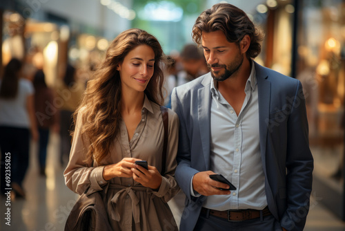 Buyers Couple Shopping Using Cellphone Holding Colorful Shopper Bags Standing In Mall,generative ai