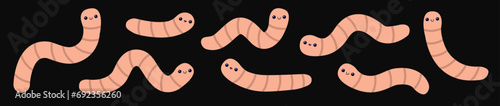 Worm insect icon. Earthworm set line. Cartoon funny kawaii baby animal character. Cute crawling bug collection. Smiling face. Pink color. Flat design. Black background. Isolated