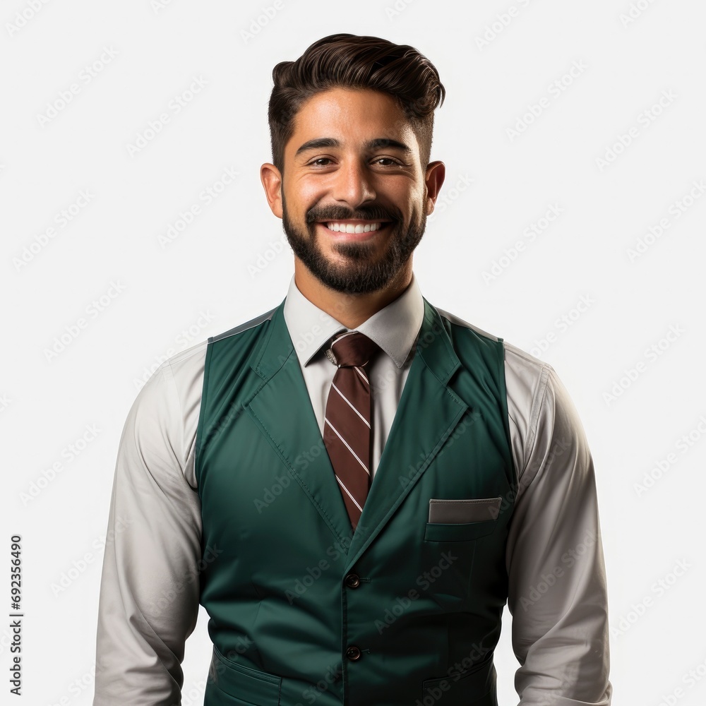 Sales Clerk Smiling Camera, White Background, For Design And Printing Sales Clerk Smiling Camera, White Background, For Design And Printing