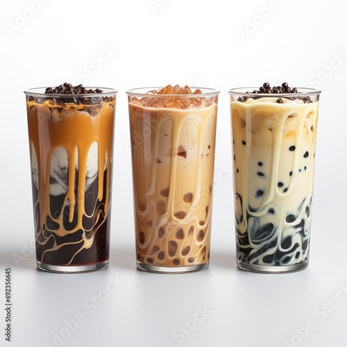 Set Black Ice Coffee Latte Milk, White Background, For Design And Printing