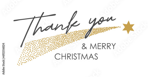 Thank you and Merry Christmas, text lettering design with shooting star, template for greeting cards, isolated on white background, vector illustration
