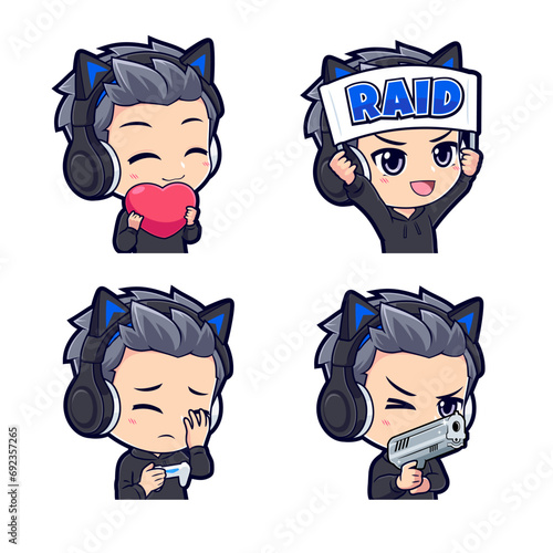 Anime gamer boy cartoon mascot logo sticker and badge set