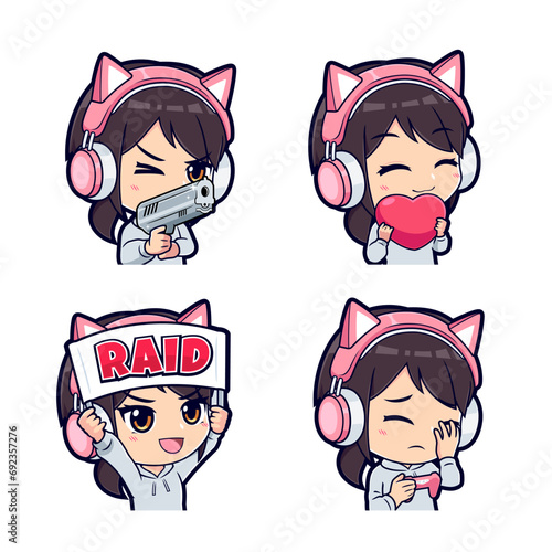 Cute chibi anime gamer girl mascot logo icon and badges set