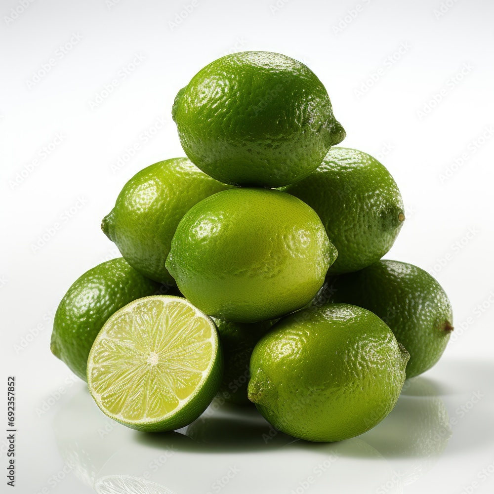 Stacked Whole Cut Limes On White, White Background, For Design And Printing Stacked Whole Cut Limes On White, White Background, For Design And Printing
