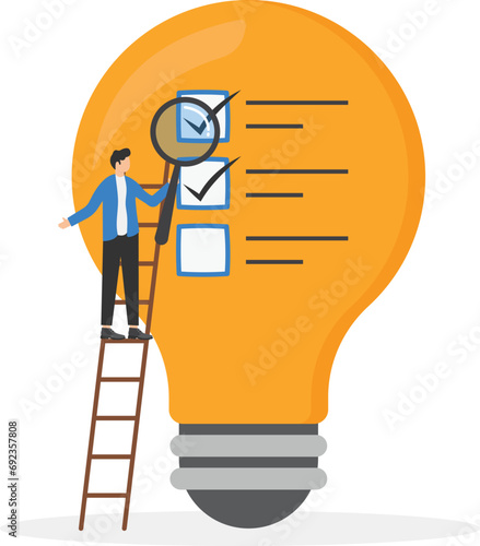 Businessmen with magnifiers analyze lightbulb ideas. Evaluate the profitable business idea. Vector illustration.

