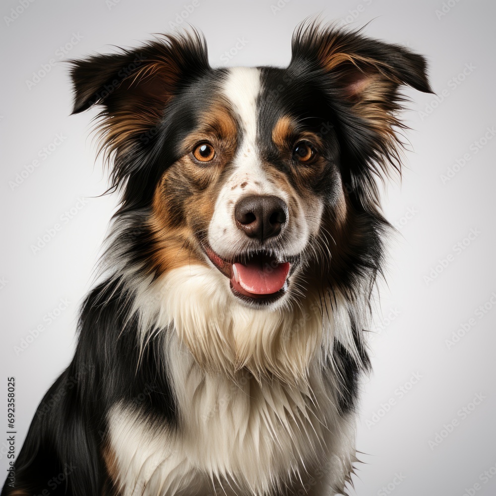 Studio Shot Adorable Border Collie Sitting, White Background, For Design And Printing