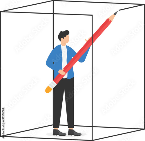 Businessman drawing box around himself creating limits and borders. Set privacy zone, personal barrier to focus or work boundary, space to be with yourself.

