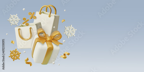 3D winter sale banner. Discount background with copy space. Three dimensional vector objects composition. Shopping bags, gift box, percent sign and snowflakes. White and gold realistic holiday design.