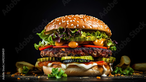veggie burger with vegetables on the black background AI Generative