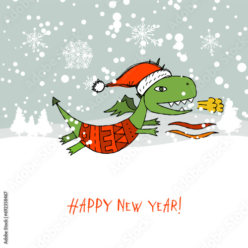 Funny Dragon character with Santa hat in winter forest. Symbol of Chinese New...
