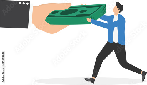 Big hand pulling money banknote tug of war with small businessman. Fight for money, government asking for tax payment, financial problems, pay off debt or bills.

