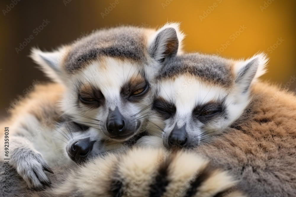 Close up shot showing warm feeling of a lemur family is sleeping...