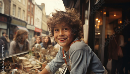 Vintage polaroid picture, 1996s 10 years old child looking excited trough window from a toy store in London, generative ai. photo