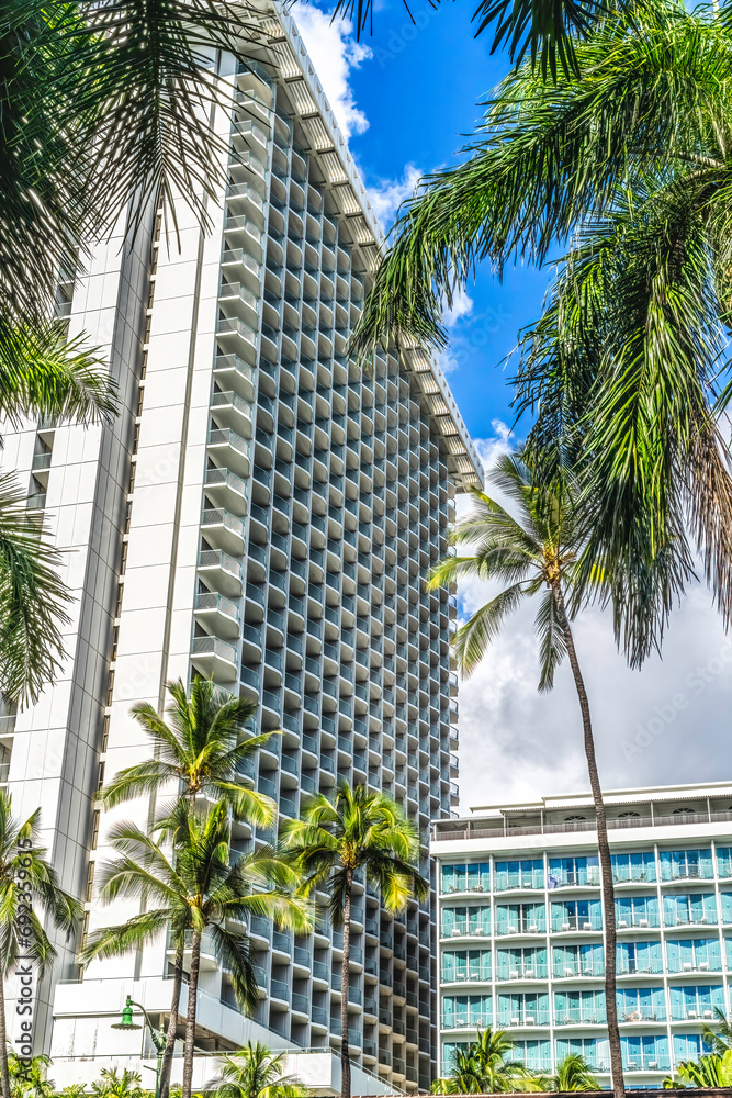Colorful Hotels Buildings Palm Trees Waikiki Beach Honolulu Hawa