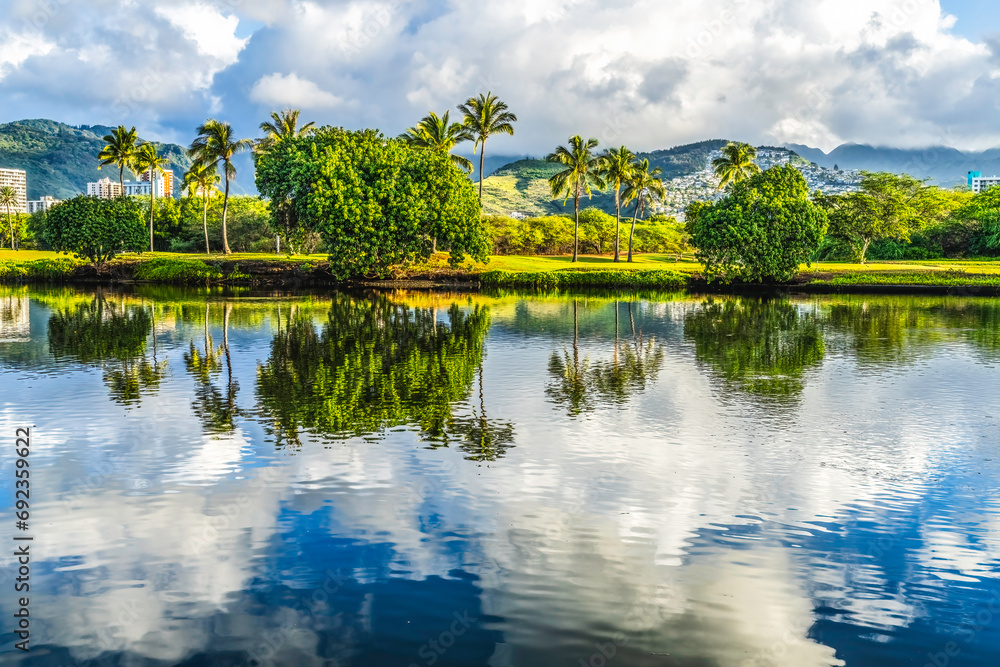 Naklejka premium Colorful Green Trees Clouds Ala Wai Canal Reflection Honolulu Ha