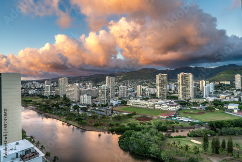 Colorful Pink Clouds Buildings Waikiki Ala Wai Canal Honolulu Ha photo